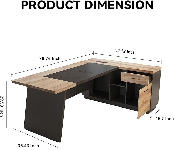 L Shape Executive Desk, Large Office Desk with Drawers & Shelves, 78.74 Inches Industrial Wooden Desk with Storage, Modern Computer Desk for Home Office, Black and Brown, Right Side