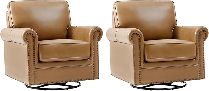 HULALA HOME Swivel Accent Chair Genuine Leather Barrel Rocker Chair with Metal Base Transitional Armchair Padded Round Armrest Set of 2, Camel