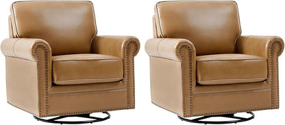HULALA HOME Swivel Accent Chair Genuine Leather Barrel Rocker Chair with Metal Base Transitional Armchair Padded Round Armrest Set of 2, Camel