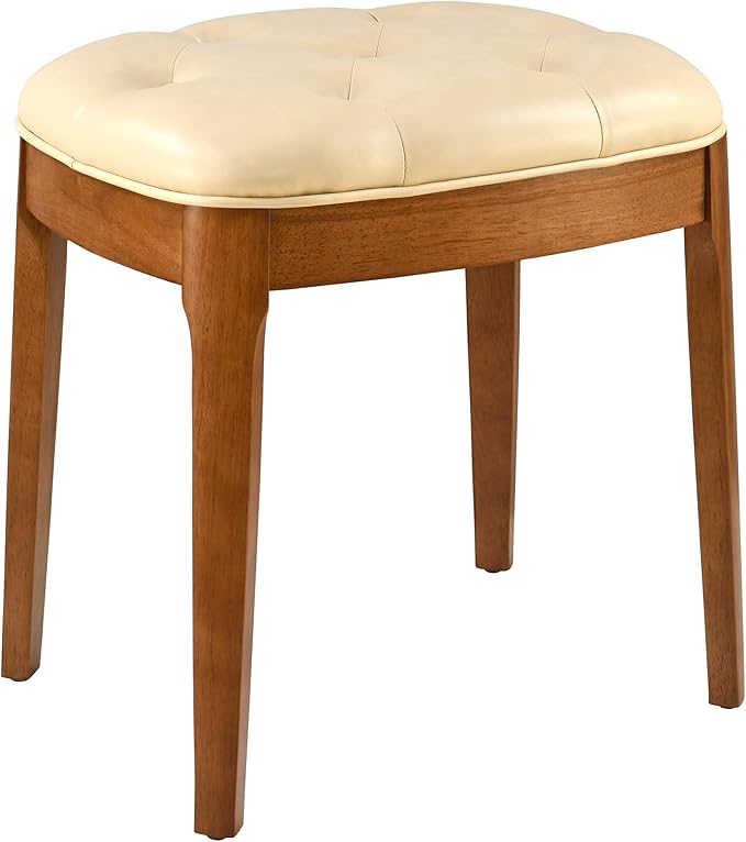 MODERION Vanity Bench with Upholstered, Modern Luxury Wood Stool ,Ottoman Shoe Bench for Living Room, Vanity, Entryway, 19.3"L x 14.9"W x 19.3"H Easy Assembly, Beeswax Leg & Cream Beige Seat FD-HNY-BG
