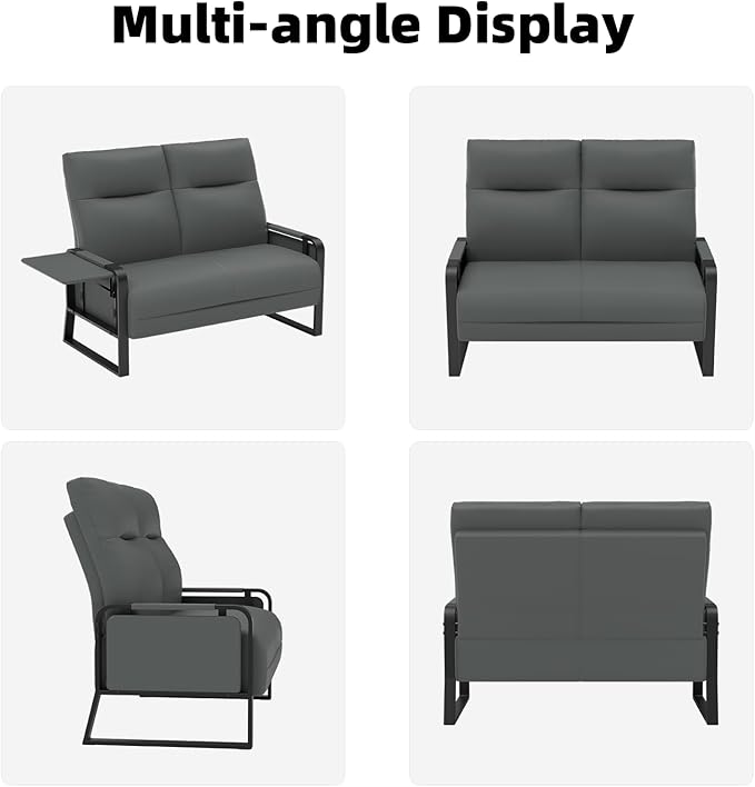 Faux Leather Loveseat, Upholstered Loveseat with Side Tray Table & Storage Pocket, Small Loveseat for Living Room, Modern 2 Seater Sofa Couch for Small Spaces, Bedroom, Gray