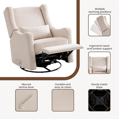 Harkawon Wingback Glider Rocking Recliner, Swivel Rocker Recliner Chair, Nursery Rocking Chair, Fabric Chair with Lumber Support, High Back, Deep Seat, for Living Room, Bedroom, Beige