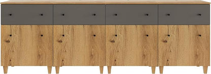 WAMPAT Set of 4 Storage Cabinets for Living Room, Modern Wood Accent Cabinets Sideboard with Drawers, Doors, and Adjustable Shelves for Dining Room, Kitchen, Entryway, Oak Brown & Dark Grey