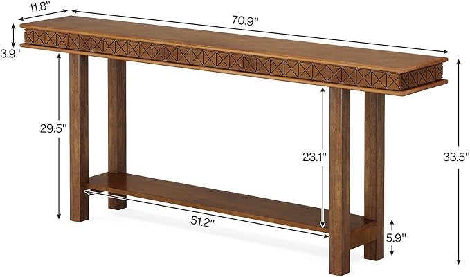 Tribesigns 70.9-Inch Extra Long Console Table, Solid Wood Sofa Table Behind Couch Narrow Long, 2-Tier Entryway Accent Table with Storage for Living Room, Hallway, Entrance, Foyer, Rustic Brown