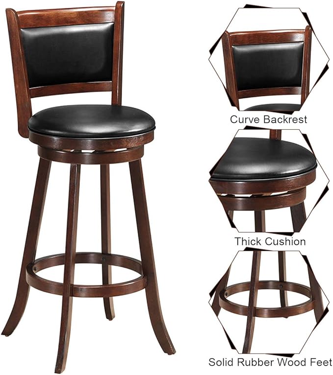 COSTWAY Bar Stools Set of 2, 360 Degree Swivel, Accent Wooden Swivel Seat Bar Height Stool, Leather Upholstered Design, PVC Cushioned Seat, Perfect for Dining and Living Room (Height 29")