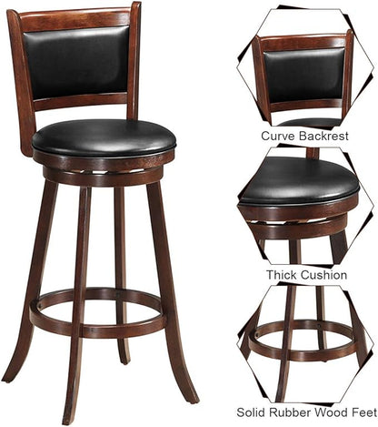 COSTWAY Bar Stools Set of 2, 360 Degree Swivel, Accent Wooden Swivel Seat Bar Height Stool, Leather Upholstered Design, PVC Cushioned Seat, Perfect for Dining and Living Room (Height 29")