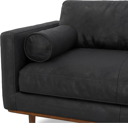 SIMPLIHOME Morrison 89-inch Wide Sofa in Lead Black Genuine Leather, Mid-Century Modern Design Couch for Living Room, Single Bench Cushion, 2 Back Cushions, 2 Bolster Pillows