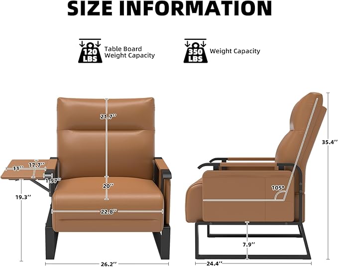 Upholstered Accent Chairs Set of 2, Modern Faux Leather Sofa Chairs with Foldable Side Tray Table & Storage Pocket, Small Accent Sofas for Living Room, Bedroom, Brown