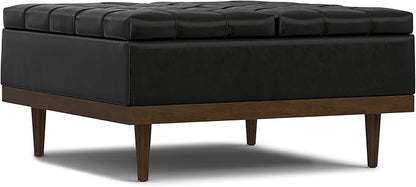 SIMPLIHOME Mariah 36 inch Wide Contemporary Rectangle Lift Top Table Storage Ottoman in Midnight Black PU Black faux leather, Assembled, For the Living Room, Entryway and Family Room