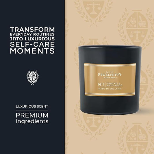 Pecksniff’s Tobacco & White Wood Scented Candle – 1 Wick, 184 g/6.49 oz – Oriental Luxury Fragrance – Black Glass Vessel – Made in England