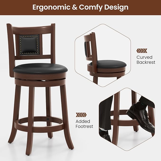 COSTWAY Bar Stool Set of 2, 25.5” Swivel Upholstered Counter Height Bar Stool with Curved Backrest & Cushioned Seat, Solid Rubber Wood Legs & Resting Footrest, for Kitchen Island (2, 25.5”)