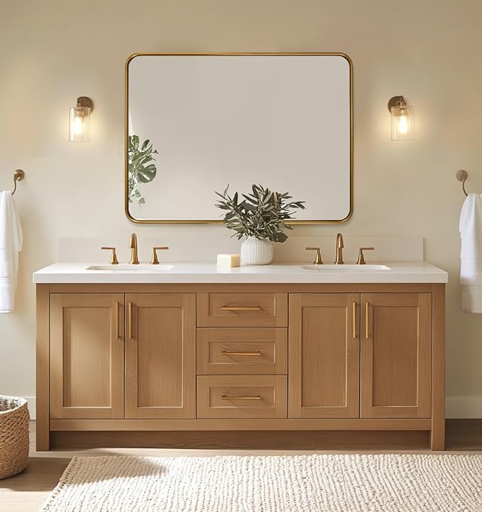 ANDY STAR Bathroom Mirror for Wall, 30x40 Inch Gold Rectangle Mirror for Bathroom with Rounded Corner, Modern Brushed Brass Vanity Rectangular Mirrors with Tube Metal Frame, Wall Mounted