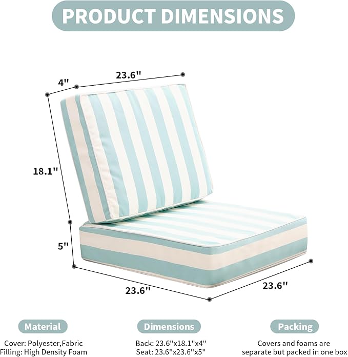 Outdoor Seat Cushions Set for Patio Furniture Deep Seating Patio Cushion Set Weather-Resistant Thick Cushions 23.6" W x 23.6" D x 5”T,Light Blue Stripes