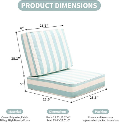 Outdoor Seat Cushions Set for Patio Furniture Deep Seating Patio Cushion Set Weather-Resistant Thick Cushions 23.6" W x 23.6" D x 5”T,Light Blue Stripes