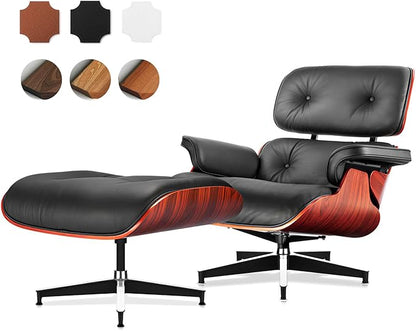Top Black Grain Leather, Mid Century Chaise Lounge Chair and Ottoman, Modern Chair Classic Design, Heavy Duty Base Support for Living Room Study Lounge Office, Darkrosewood, Heightening