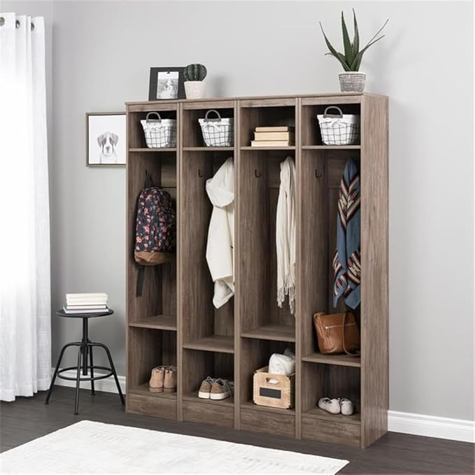 Prepac Narrow Coat Rack Freestanding Hall Tree with 3 Hooks, Entryway Furniture for Coat & Shoe Storage, Entryway Organization with Adjustable Shelf, 14.75"W x 72.5"H x 15.5"D, Set of 4, Drifted Gray