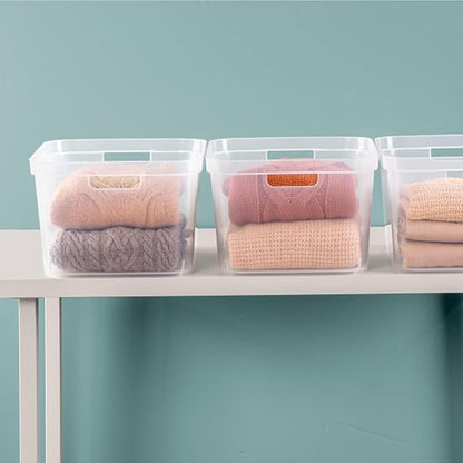 Sterilite 8.25x12.25x15 Inch Modern Polished Storage Bin w/Comfortable Carry Through Handles & Banded Rim for Household Organization, Clear (18 Pack)