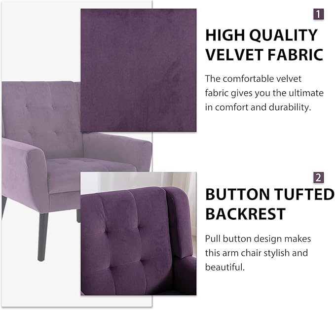 Dolonm Midcentury Modern Velvet Accent Chair with Arms, Upholstered Reading Side Chair Tufted Back Decorative Wingback Chair for Living Room Bedroom (Lavender Purple)