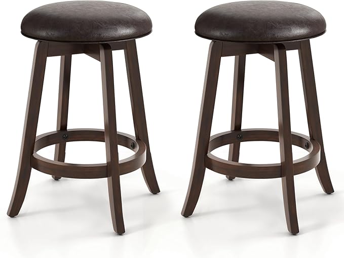 COSTWAY 24-Inch Swivel Bar Stools Set of 2, Upholstered Barstools w/PU Leather Seat & Solid Rubber Wood Legs, Mid-Century Backless Round Counter Height Stools w/Footrest for Kitchen Home Bar