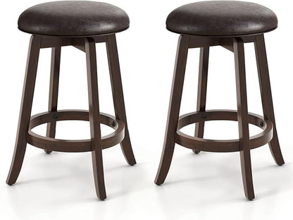 COSTWAY 24-Inch Swivel Bar Stools Set of 2, Upholstered Barstools w/PU Leather Seat & Solid Rubber Wood Legs, Mid-Century Backless Round Counter Height Stools w/Footrest for Kitchen Home Bar