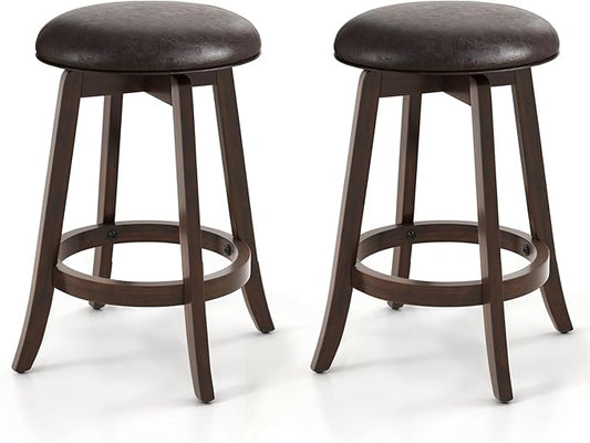 COSTWAY 24-Inch Swivel Bar Stools Set of 2, Upholstered Barstools w/PU Leather Seat & Solid Rubber Wood Legs, Mid-Century Backless Round Counter Height Stools w/Footrest for Kitchen Home Bar