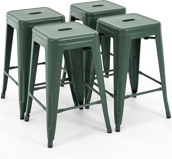 Vogue Furniture Direct 24 Inch Metal Bar Stools, Backless Counter Height Barstools, Indoor Outdoor Stackable Stools with Square Seat, Set of 4 (Dark Green)