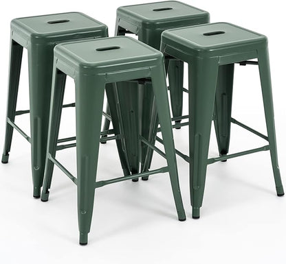 Vogue Furniture Direct 24 Inch Metal Bar Stools, Backless Counter Height Barstools, Indoor Outdoor Stackable Stools with Square Seat, Set of 4 (Dark Green)