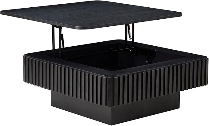 Square Lift-top Coffee Table for Living Room, Fluted Coffee Tables with Hidden Storage, Solid Wood Veneered Modern Tea Center Table for Small Space Apartment (Black-35.43''D×14.57''H)