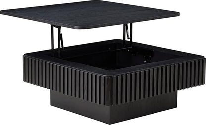 Square Lift-top Coffee Table for Living Room, Fluted Coffee Tables with Hidden Storage, Solid Wood Veneered Modern Tea Center Table for Small Space Apartment (Black-35.43''D×14.57''H)