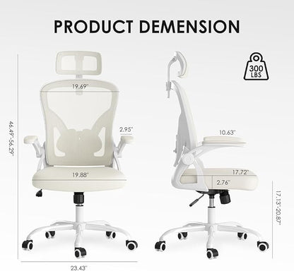 Farini Ergonomic Office Chair, Home Office Desk Chair with Headrest, High Back Computer Chair with Armrests and Adjustable Lumbar Support for Home Office Study Room, White & Beige