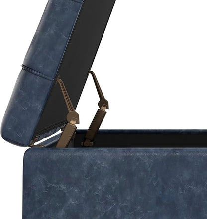 SIMPLIHOME Harrison 40 inch Wide Transitional Square Large Coffee Table Storage Ottoman in Denim Blue Vegan Faux Leather, Assembled, for The Living Room and Bedroom
