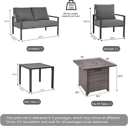 Metal Patio Furniture Set w/Fire Pit Table, 6-Piece Modern Outdoor Conversation Set with 5-Inch Thick Cushions, Outdoor Furniture Set for Garden, Backyard, Balcony, Poolside (Dark Grey)
