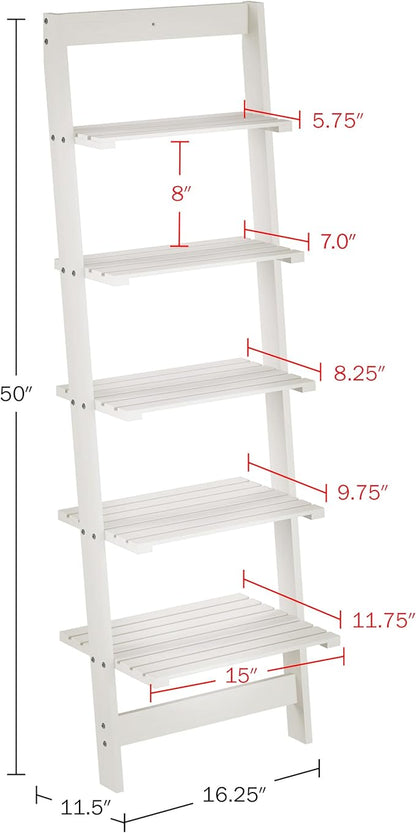 5-Tier Ladder Shelf - 50-Inch Narrow Leaning Bookshelf - Wooden Bookcase for Living Room, Bathroom, Kitchen, Office, or Bedroom Furniture by Lavish Home (White)