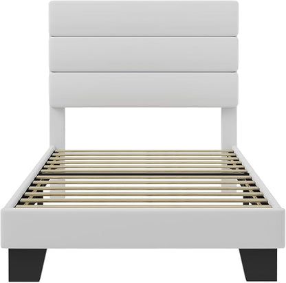 SHA CERLIN Twin Platform Bed Frame with Velvet Upholstered Headboard, Mattress Foundation with Strong Wooden Slats Support, No Box Spring Needed, White
