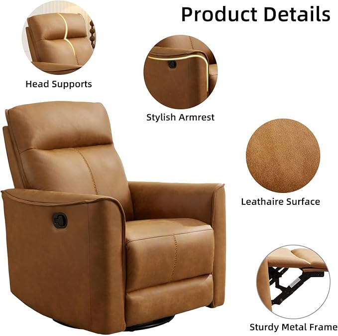 CANMOV Swivel Rocker Recliner, Glider Rocking Chair, Nursing Chairs Swivel Glider Recliners with Soft Backrest, Leathaire Manual Reclining Sofa for Living Room Bedroom Apartment, Brown