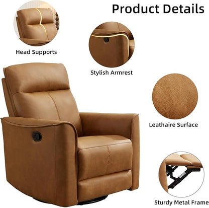 CANMOV Swivel Rocker Recliner, Glider Rocking Chair, Nursing Chairs Swivel Glider Recliners with Soft Backrest, Leathaire Manual Reclining Sofa for Living Room Bedroom Apartment, Brown