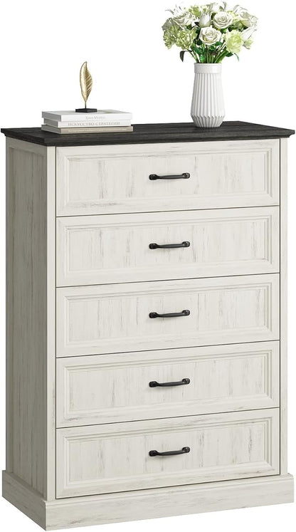 CARPETNAL Farmhouse 5 Drawers Dresser for Bedroom, 44" Tall White Dresser Wood Rustic Chest of Drawers with Wide Metal Handle,Natural Texture,Drawer Organizer for Bedroom,Living Room,Hallway