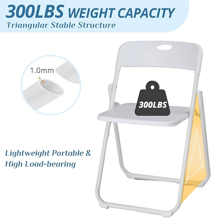 Karl home 4 Pcs Folding Chair, 300LBS Lightweight Foldable Plastic Chair, Reinforced Metal Frame Easy to Fold & Store for Indoor & Outdoor, Wedding, Party, Meeting Room, Patio and Garden, White