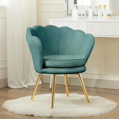 Velvet Vanity Chair with Back, Mid-Century Modern Small Accent Chair for Living Room, Golden Metal Legs Upholstered Makeup Chair, 1Pcs Bedroom Armchair, Dark Green
