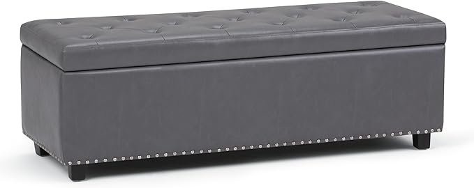 SIMPLIHOME Hamilton 48 inch Wide Transitional Rectangle Storage Ottoman in Stone Grey Vegan Faux Leather, Assembled, For the Living Room, Entryway and Family Room