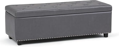 SIMPLIHOME Hamilton 48 inch Wide Transitional Rectangle Storage Ottoman in Stone Grey Vegan Faux Leather, Assembled, For the Living Room, Entryway and Family Room