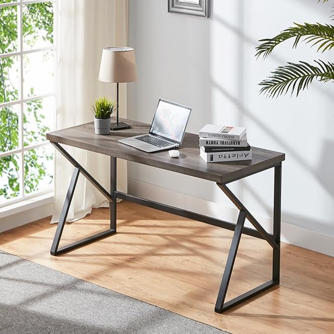 HSH Home Office Desk, Industrial Metal Wood Computer Desk for PC Laptop Work Writing Study Gaming in Bedroom Living Room, Dark Gray Oak, 47 Inch