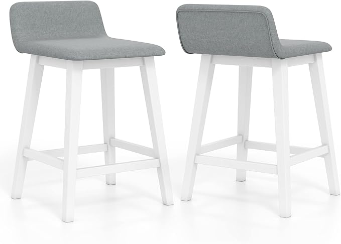 COSTWAY Wooden Counter Stools Set of 2, 24-inch Height Upholstered Padded Seat, Low Backrest, Footrest, Rubber Wood Legs, Armless Barstools for Kitchen Island, Dining Room, White+Gray