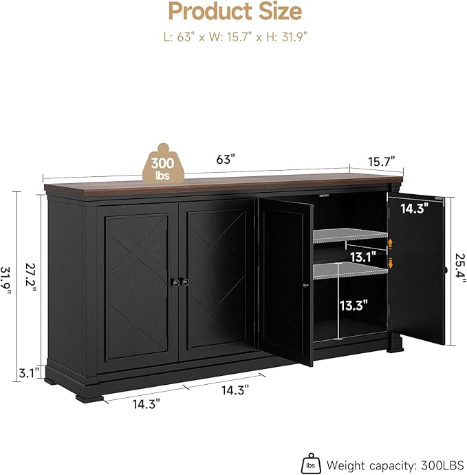 ONBRILL 63 Inches Buffet Cabinet with Storage, Large Sideboard Cabinet with 4 Barn Doors, Adjustable Shelves, Wood Coffee Bar Station for Kitchen, Living Room, Black