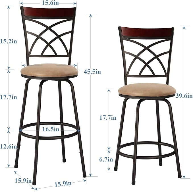 VECELO Bar Stools, 24/29" Adjustable Barstool,Swivel Counter Stool with Upholstered Seat,Steel Bistro Pub Chairs, Wood Top Backrest,Set of 2