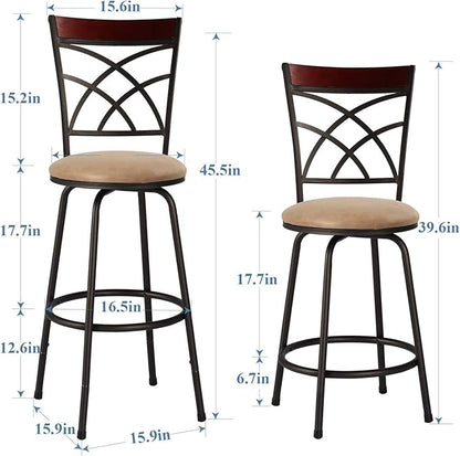VECELO Bar Stools, 24/29" Adjustable Barstool,Swivel Counter Stool with Upholstered Seat,Steel Bistro Pub Chairs, Wood Top Backrest,Set of 2