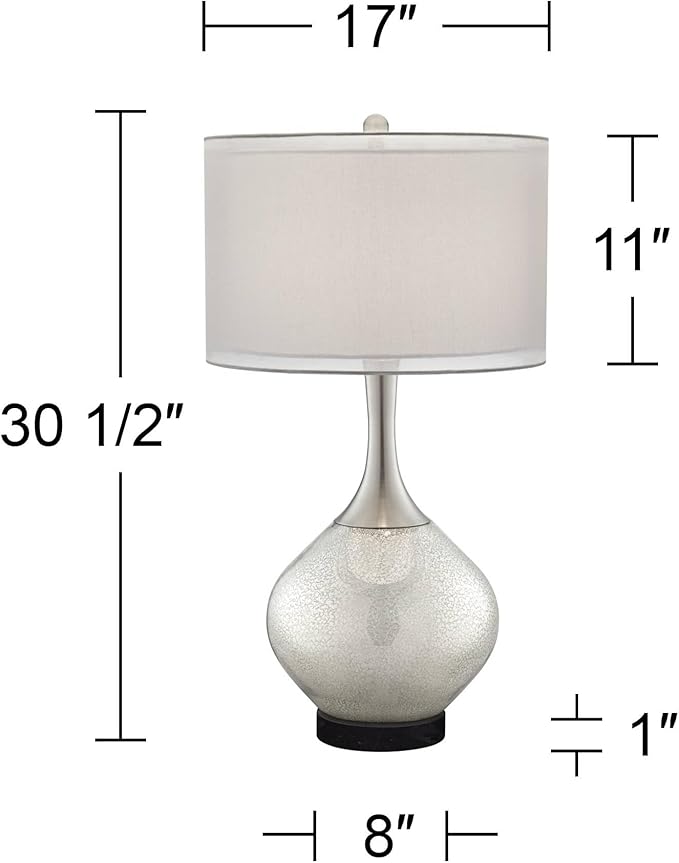 Possini Euro Design Swift Modern Table Lamp 30 1/2" Tall with Round Black Marble Riser Mercury Glass Chrome Double Drum Shade for Bedroom Living Room Nightstand Bedside Night Stand Office Kids Room