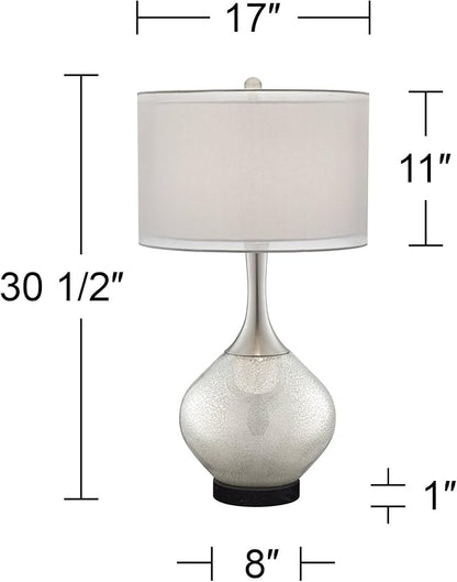 Possini Euro Design Swift Modern Table Lamp 30 1/2" Tall with Round Black Marble Riser Mercury Glass Chrome Double Drum Shade for Bedroom Living Room Nightstand Bedside Night Stand Office Kids Room