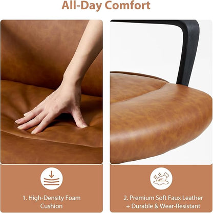 Artswish Leather Office Chair Brown Desk Chair with Wheels Arms, Mid Back Leather Executive Computer Chair Mid Century Chairs for Home Office