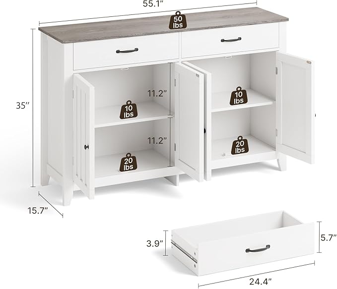 Gizoon 55" Buffet Cabinet, Sideboard Buffet Cabinet with Storage, Modern Coffee Bar with 2 Drawers and 4 Doors, Kitchen Pantry Storage, Wood Kitchen Sideboard Table, Adjustable Shelf, White/Grey